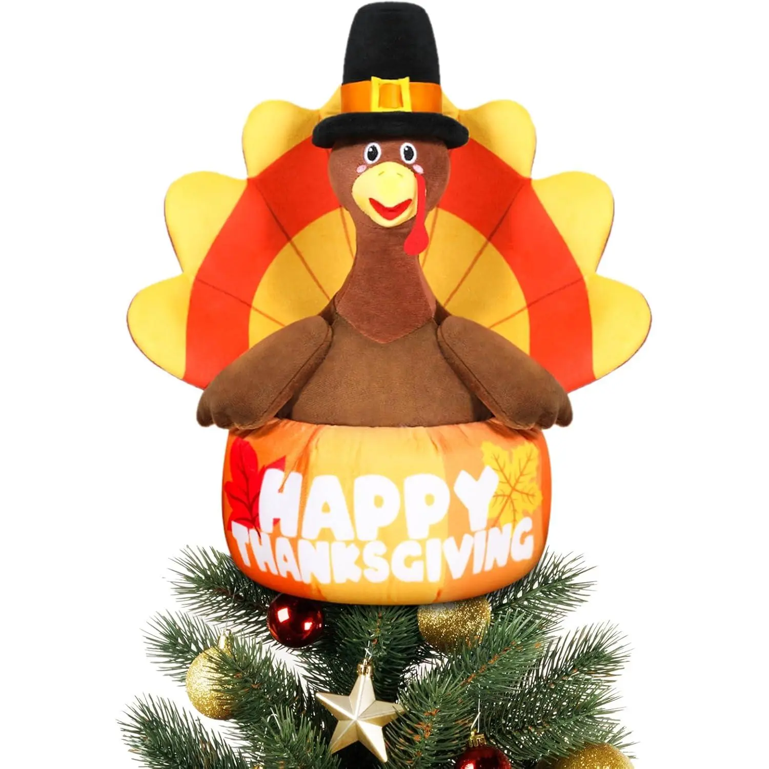 Thanksgiving Turkey Tree Topper, Plush Stuffed 9 Inch Fall Turkey Pumpkin Tree Topper, Farmhouse Tree Top for Home Decor Harvest Party Supplies Kitchen Tabletop