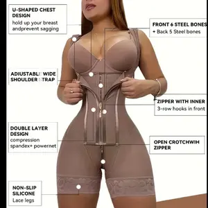 Sparkylee Beige Elegance High-Waist Tummy Control Bodysuit with Butt Lifter & Breast Support - Full Coverage Lace Panel, 4-Way Stretch, Zipper Closure Shapewear Compression