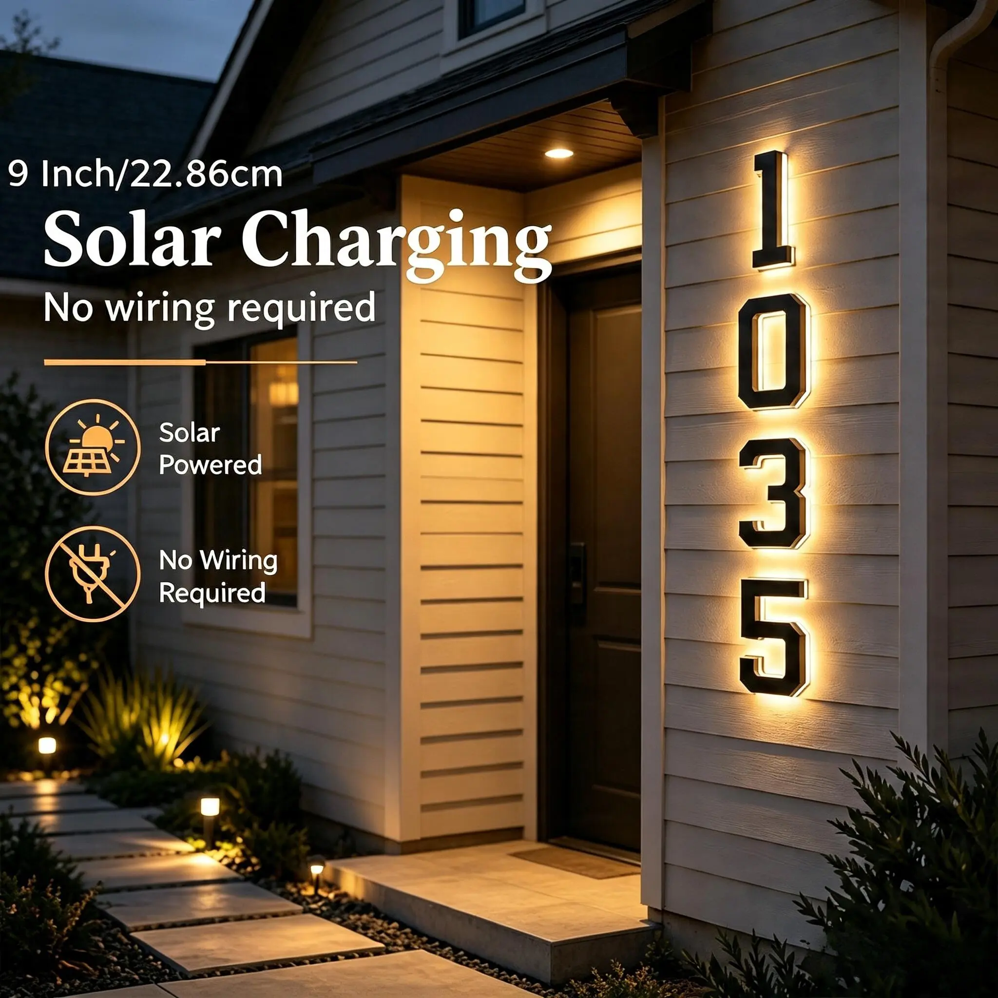 Upgraded 9-inch outdoor solar house number light, IP44 waterproof, smart light-sensing home address light suitable for outdoor use