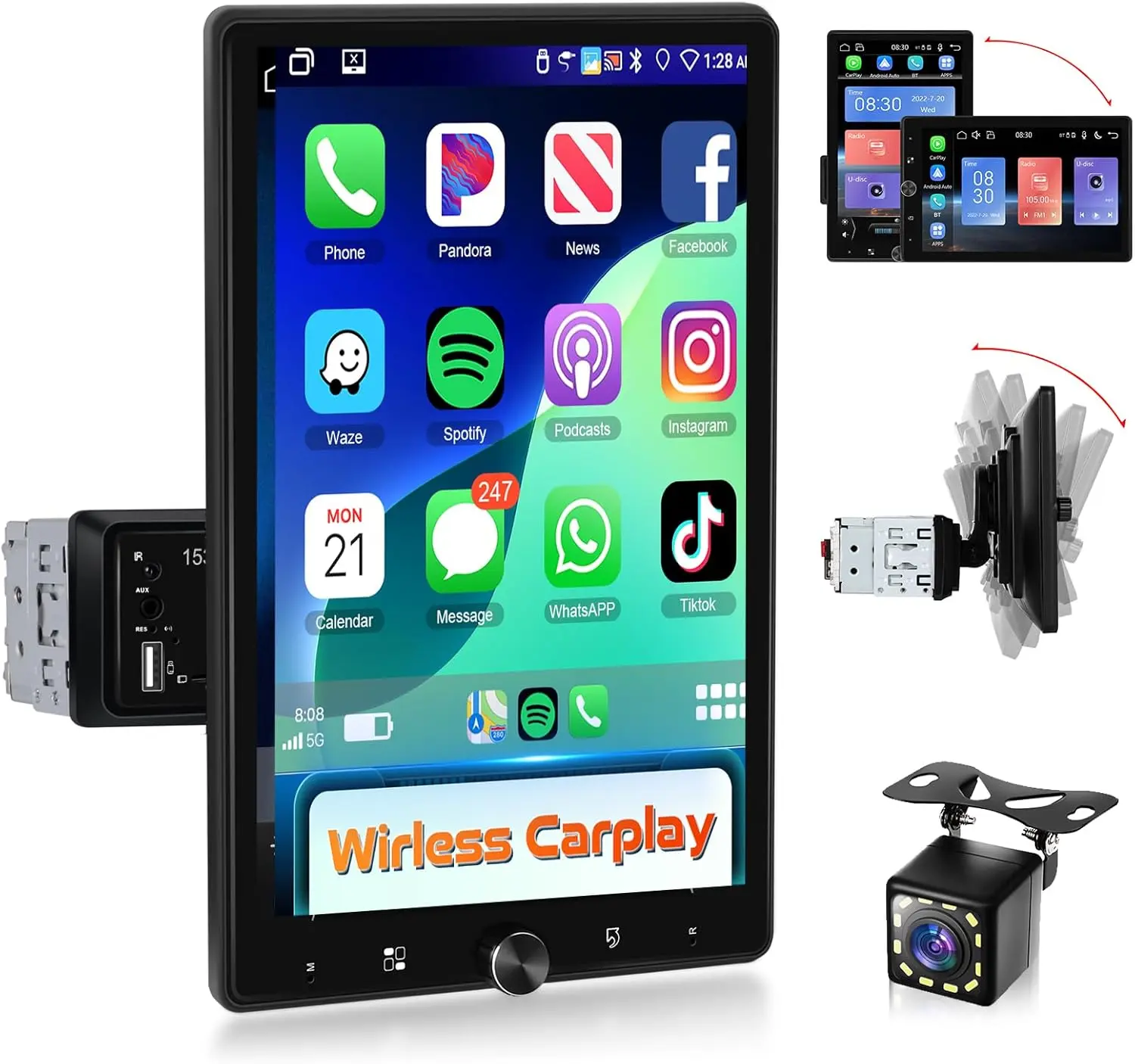 Podofo 10.4" Single-Din Touchscreen Car Video Player, CarPlay Radio Touchscreen Head Unit with Wireless CarPlay, Android Auto, Rotatable Screen, Bluetooth Stereo, 16-Band EQ Audio, Mirror Link, SWC, FM, USB, TF, Backup Camera