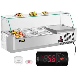 【Father's Day】VEVOR Refrigerated Condiment Prep Station,  , 40-Inch, 7.8Qt Sandwich Prep Table with 1 1/3 Pan & 4 1/6 Pans, 150W Salad Bar with 304 Stainless Body Tempered Glass Shield Digital Temp Display Auto Defros