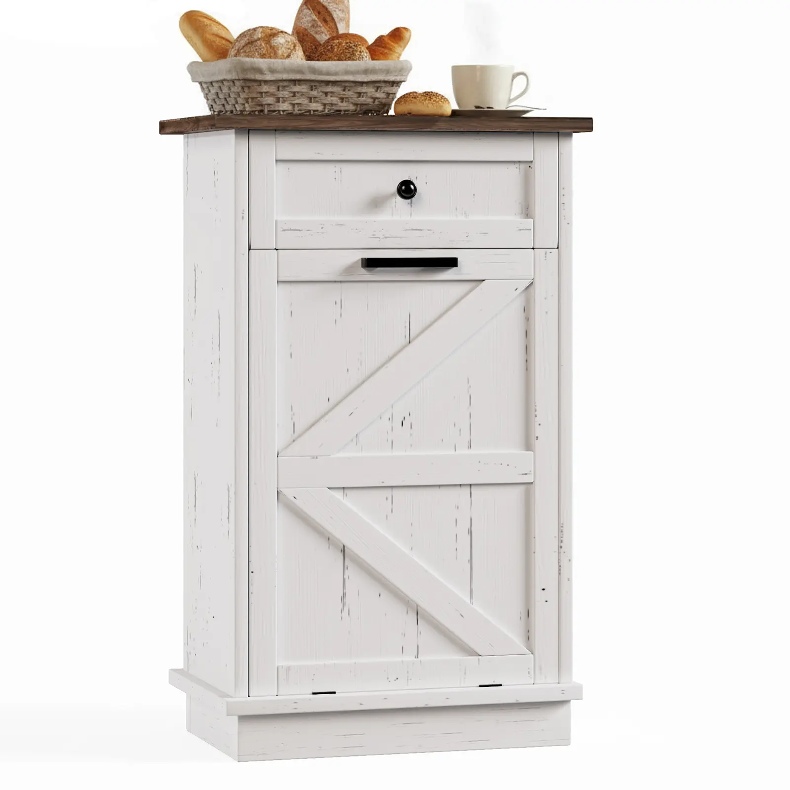 10-Gal Tilt-Out Trash Can Cabinet - Free-Standing Indoor Cupboard with Storage Drawer, Odor-Proof & Dog-Proof, Ideal for Kitchen, Laundry Room