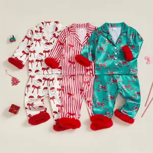 Toddler Baby Kids Girls Christmas Pajamas Set Bow Print Long Sleeve Tops with Elastic Waist Pants Fall Winter Sleepwear 6M-7Y