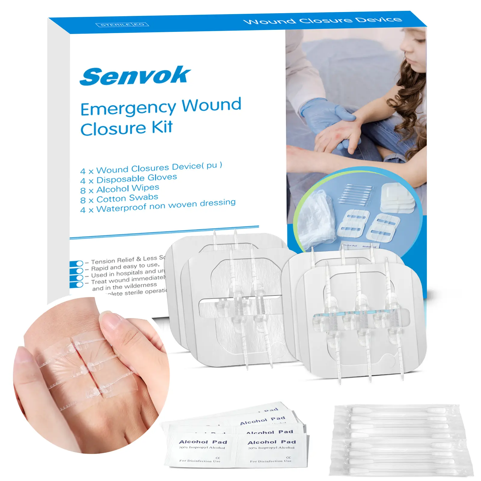 Zip Sutures Butterfly Bandaids – 4-Pack Assorted Sizes, FSA/HSA Eligible Emergency Wound Closure Kit for Surgical Laceration Repair Without Stitches, Fast Hemostasis Adhesive Strips Bandages (PU)