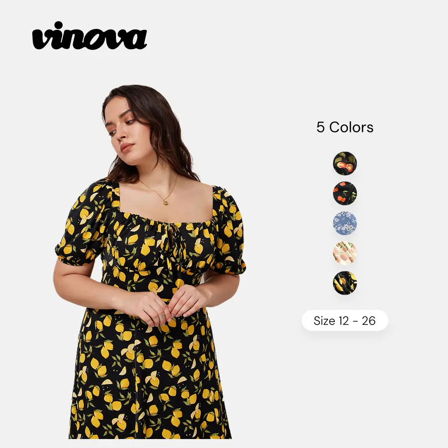 Vinova Fruit A-Line Dress with Adjustable Bust & Detachable Puff Sleeves, Plus Size Lightweight Spring-Summer Dresses, Cute Shirred Midi with Stretchy Back Panel