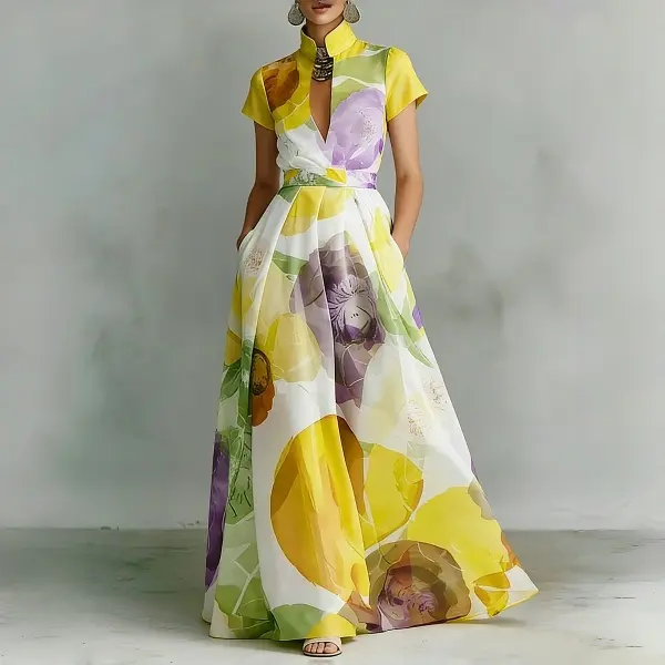 Women's 2026 Vacation Floral Printing Stand Collar Maxi Dress Loose Fit Summer Casual Dress with Pockets, summeroutfits, vacationoutfits,beachoutfits A-Line Loose Pleated Pockets Printed Zipper Stand Collar Maxi Dresses