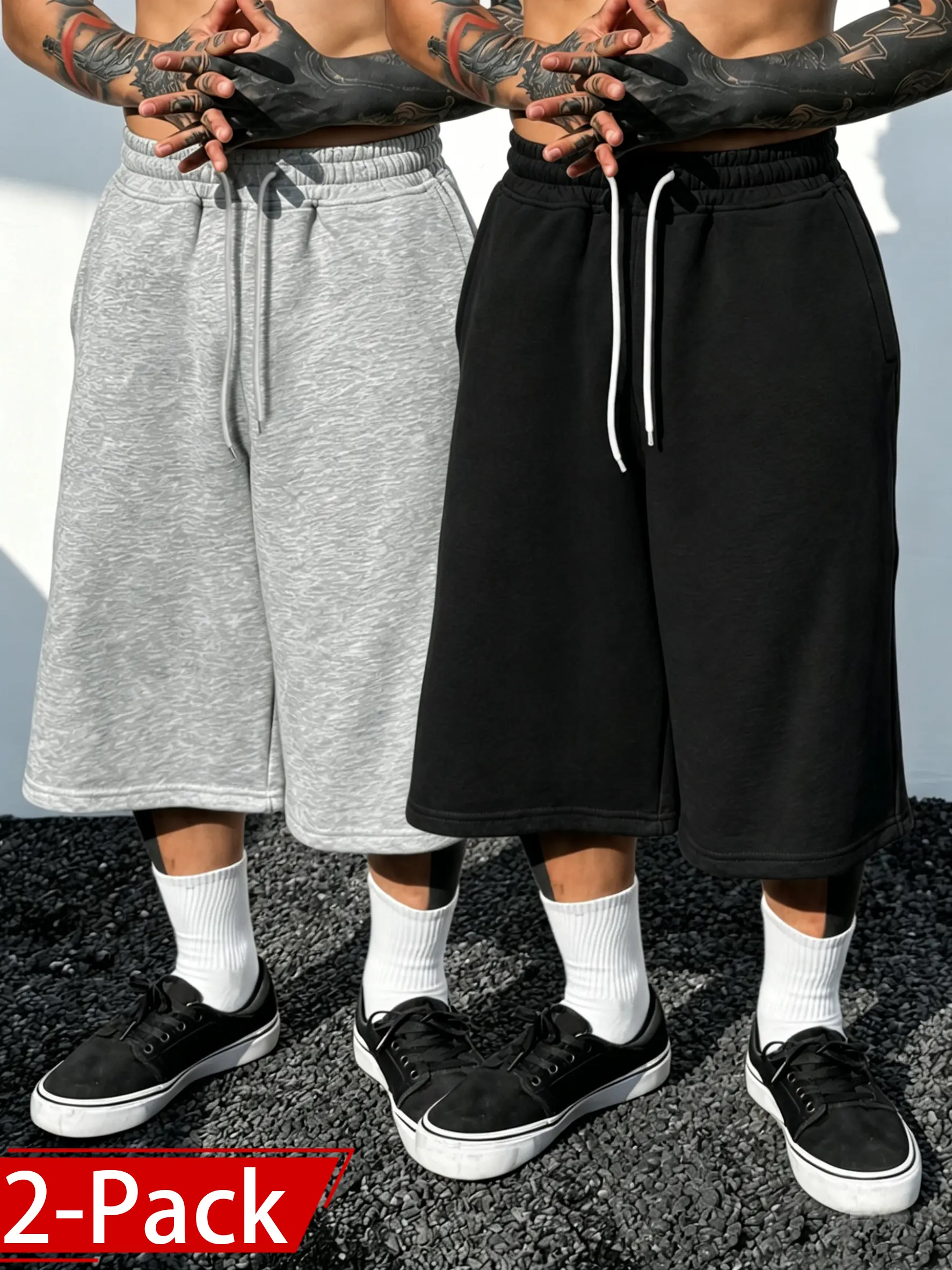 Mens 2 Pack Y2K Streetwear 3 4 Length Sweat Shorts Athletic Drawstring Elastic Waist Loose Fit Below Knee Longline Shorts Casual Lounge Gym Running Basketball Skater Hip Hop Capri Shorts for Daily Wear Summer Outfit Trendy Style Men Streetwear Outfit Gift