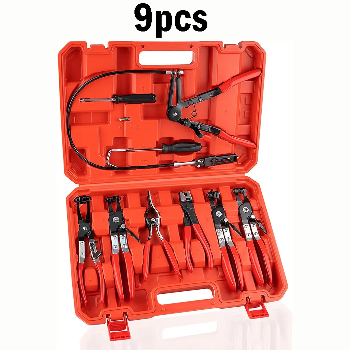 9PCS Universal Spring Clamp Tool Kit，Long Reach Hose Clamp Tool Remover for Water Hose and Automotive Coolant Radiator Heater with Flexible Wire Long Reach Hose Clamp and Flat Band Pliers，tool kit set filter calip，mechanic tools，adapt