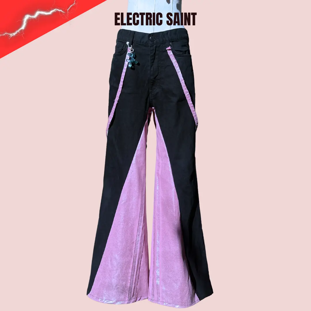 Pink Bell Bottom Jeans – Y2K Iridescent Upcycled Flare Pants