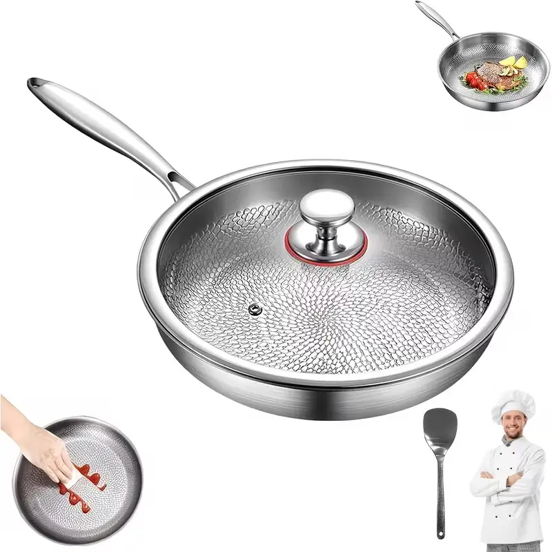 Titanium Golden Frying Pan，Premium Hammered Texture Titanium Golden Frying Pan With Lid, Upgraded Non-Coated Titanium Golden Professional Cookware. Suitable For All Stovetops, Easy To Clean. This Is A Metal Pan Without Chemical Coatings.