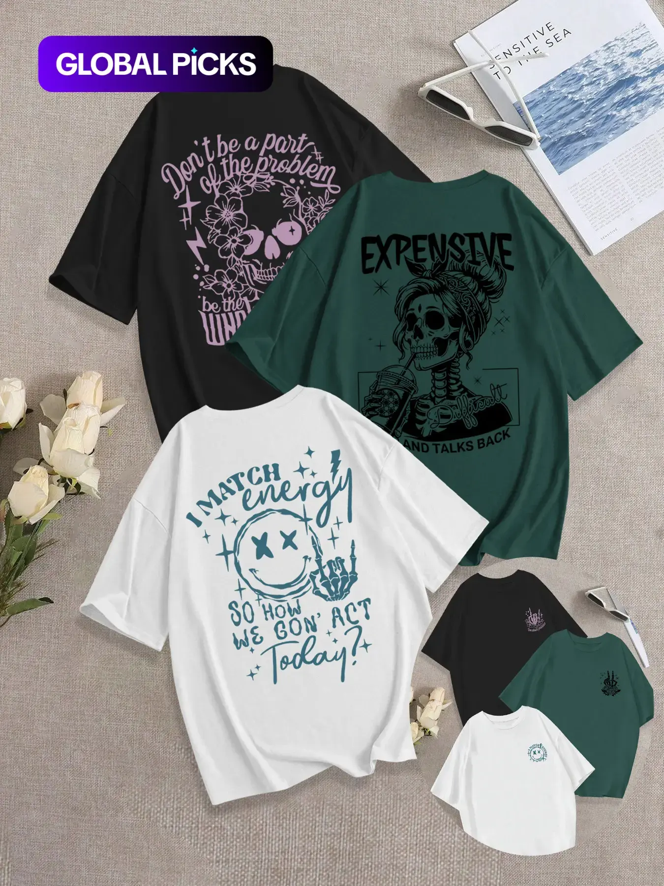 Breathable Soft Casual Streetwear Loose-Fit Round Neck Skull Girl Print Knit T-Shirt Set, Summer Fashion Comfortable Versatile Everyday Graphic Top, Pack of 3