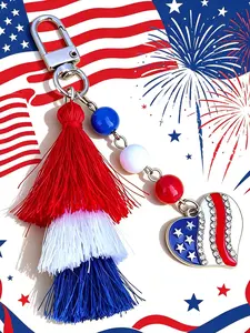 Patriotic 4th of July Keychain, Red White Blue Tassel Bag Charm with Beaded Chain and American Flag Heart Pendant, Independence Day Key Ring for Women Men, Holiday Gift Accessory