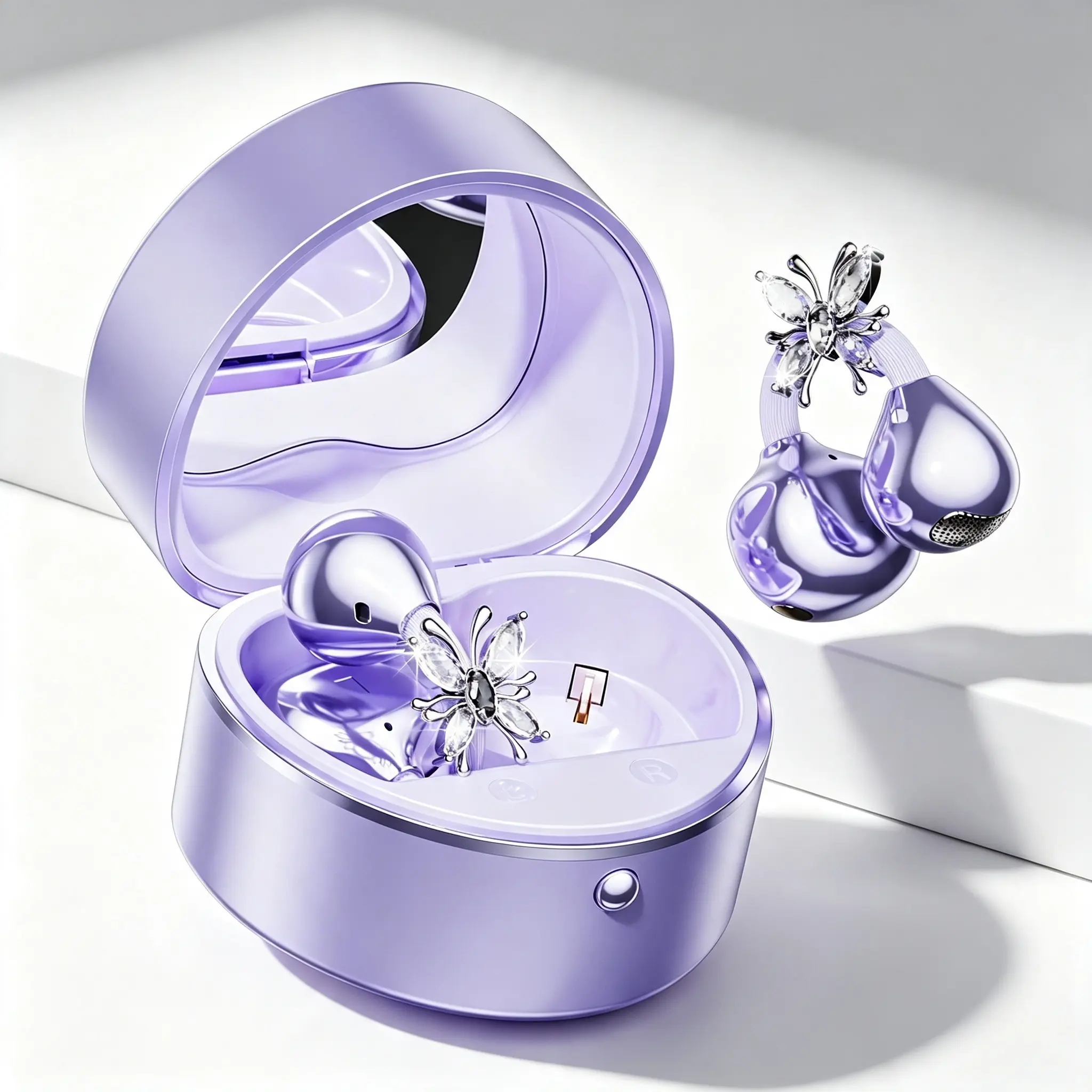 CHENRUIDA M186 Heart-Shaped Bluetooth Open-Ear Ear Hook Wireless Headphone - Portable Makeup Mirror Design, Ultra-Comfortable Balanced Sound, Long Battery Life, Daily Water Resistant, Charging Function, Ideal for Gifts & Daily Commutes