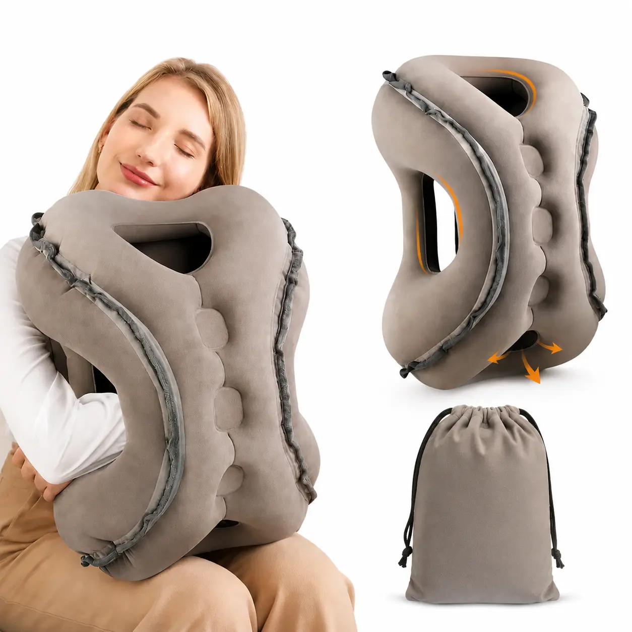 Ultimate Ergonomic Inflatable Travel Pillow, 4-Hole Support No-Face-Pressure Airplane Pillow, Fast Inflation Leakproof Breathable Skin-Friendly Flocked PVC Pillow with Carry Bag for Airplane, Train, Car, Office Napping & Road Trips shoulder