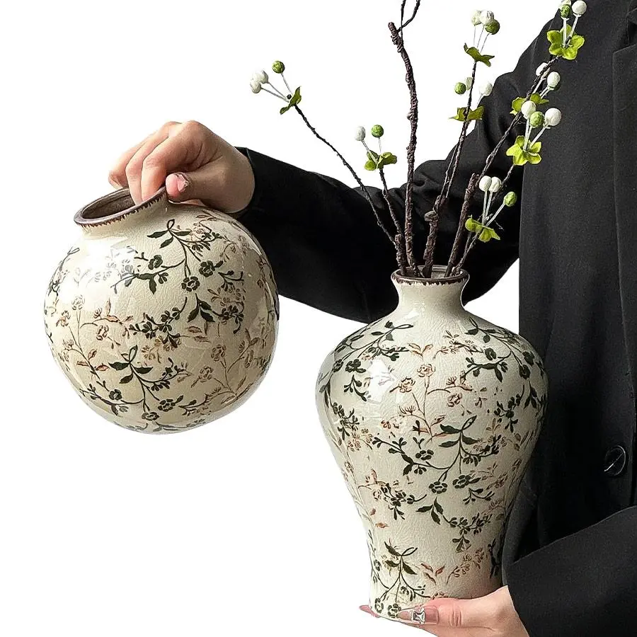 American Country Ice Crackle Ceramic Vase, Vintage Floral Farmhouse Style Home Room Decoration, Decorative Vases for Home Decor, Decorative Flower Vase, Large Capacity Wall Shelf Ornament, Water Cultivation Flower Holder