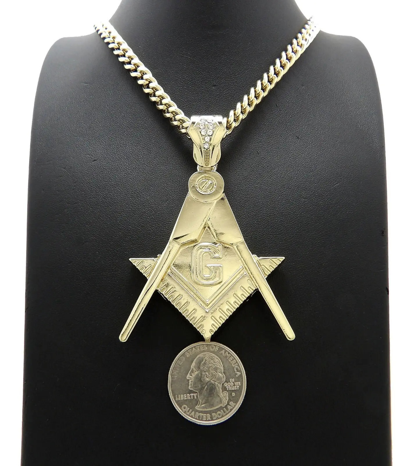 MaxBling81 Freemason Masonic Symbol Large Pendant with Multi-Size 6mm 20" 24" 30" Brass Cuban Chain, Hip Hop Style Daily Costume Jewelry Necklace for Men, Cuban Chain Link Necklaces, Gold / Silver Chain Set