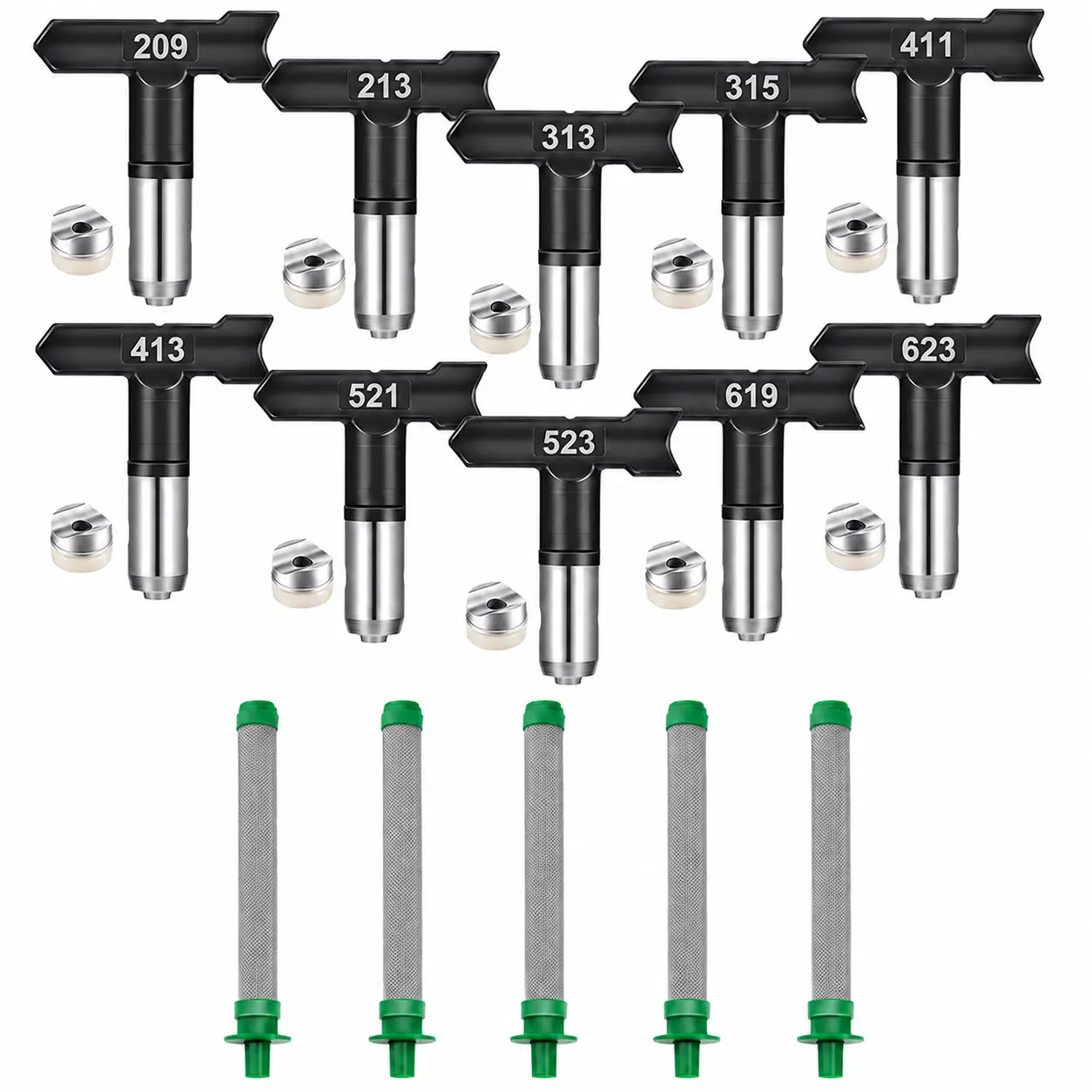 15 Piece Airless Spray Gun Accessories Kit,10 PCS Reversible Paint Sprayer Nozzle Tip Set（209，213，313，315，411，413，521，523，619，623）5 Airless Spray Gun Filters toolupgrade