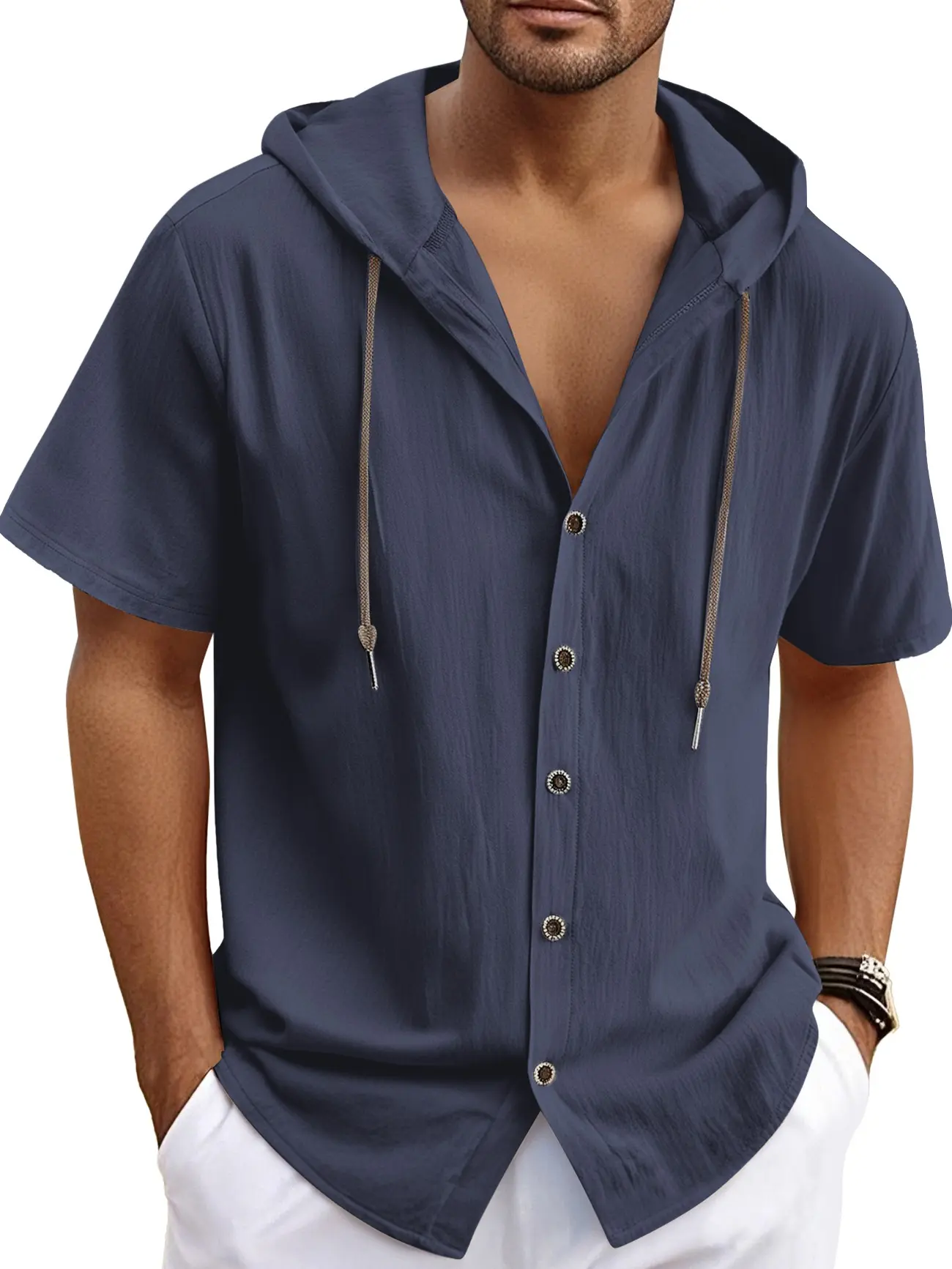 Men’s summer short-sleeve hooded shirt, suitable for vacations, beach trips, and summer gatherings; casual style, lightweight and breathable, with a comfortable, soft fabric.