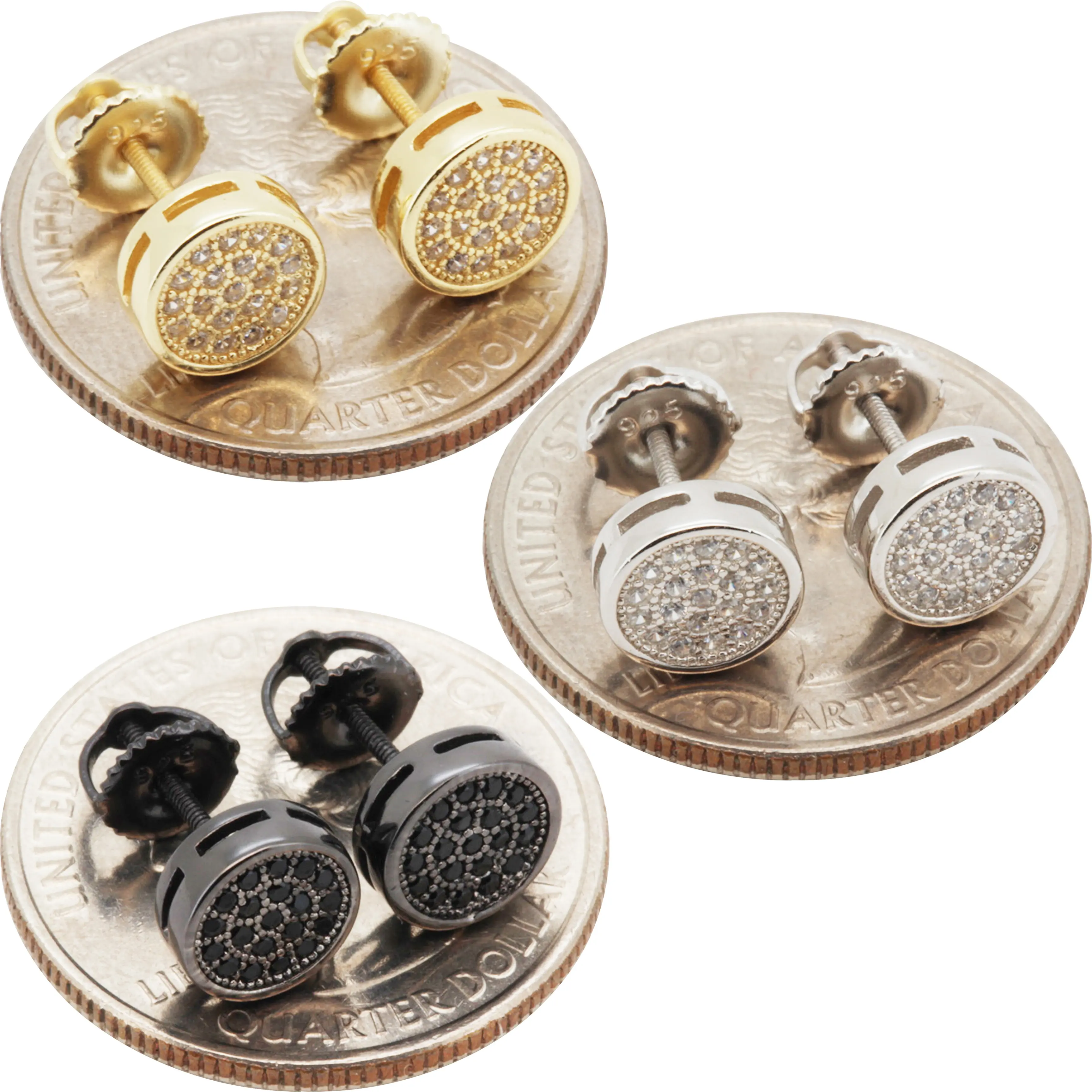 925 Sterling Silver 14k Gold Vermeil Black Rhodium AAA Cubic Zirconia 8mm Circle Screw Back Stud Earrings
