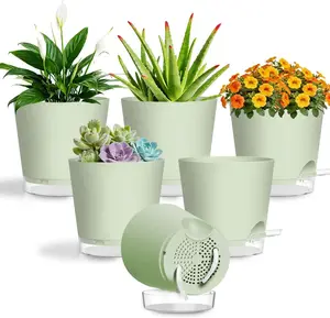 Self Watering Pots for Plants, 2026 New Flower Plant Pots with Drainage Holes, Wicking and Clear Reservoirs for Succulent, Aloe, Cacti and Others - 6 Pack (Green, 4")