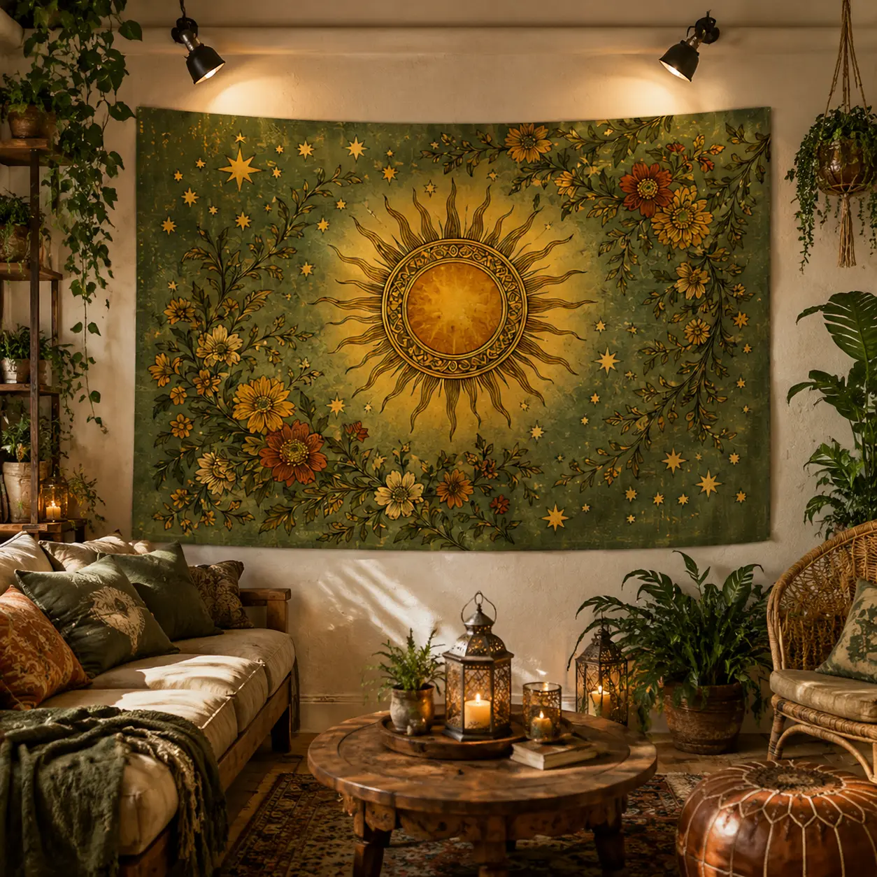 2D Flat, 1pc Horizontal Vintage Botanical Sun Tapestry Wall Hanging - Dark Green & Suitable for Decor, Sun Disk with Rays, Floral Branches, Vines, Starry for,, - Horizontal Banner, 2D Flat