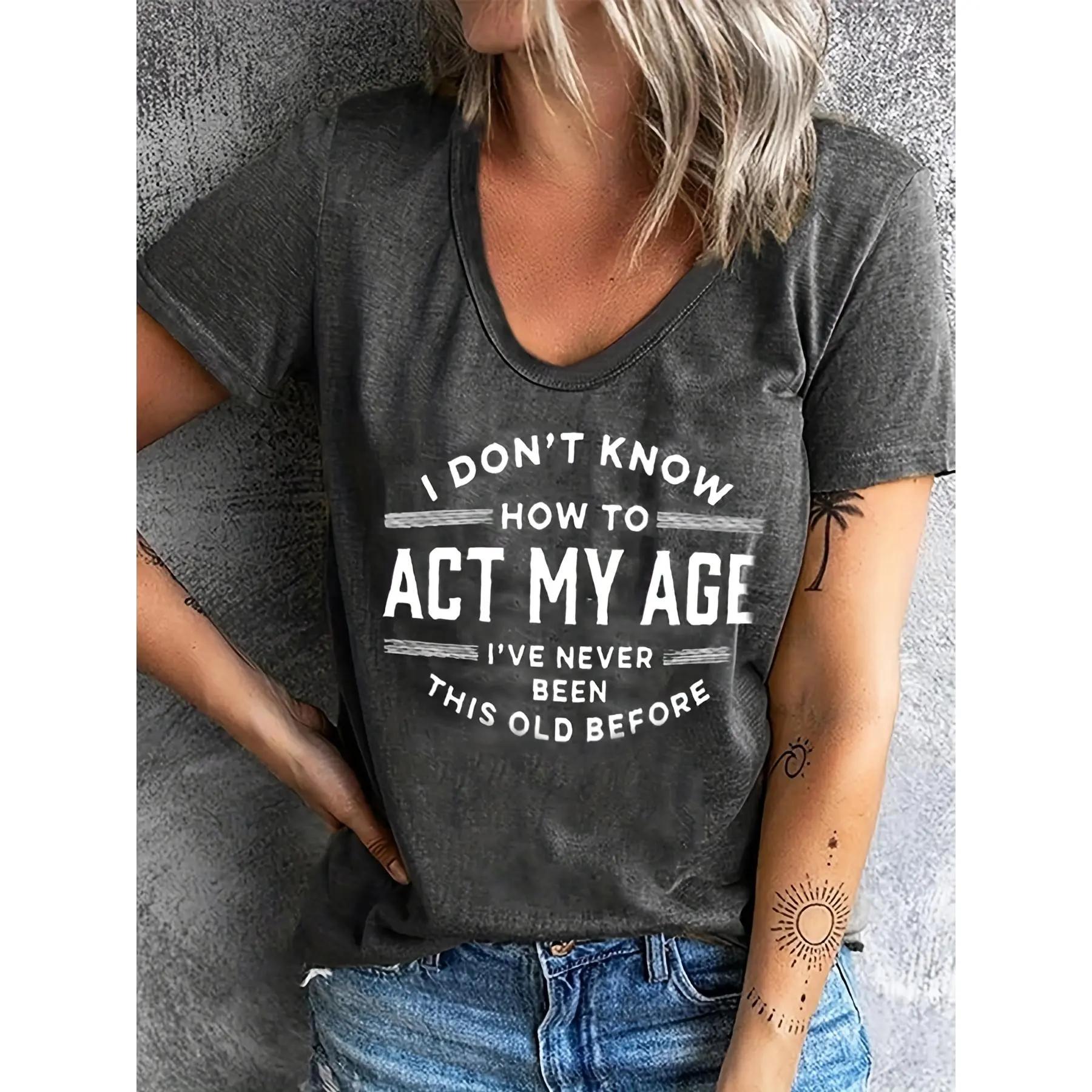 Funny Sarcastic Humor Shirts for Women with 'I Don't Know How to Act My Age' Quote, Casual Short Sleeve Crew Neck Polyester Top, Gifts for Women, Women's Clothes, Humor Graphic Tee