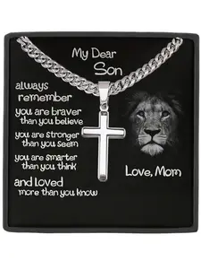 To My Son Cuban Chain Cross Pendant Necklace, Cross Chain Design, Cuban Link Chain, Includes Card & Box, Perfect for Birthday Christmas Gifts