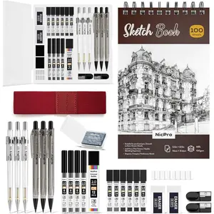 26PCS Art Drawing Supplies Kit, Mechanical Pencils Set 0.5, 0.7, 0.9 & 2mm, 100 Sheets Sketch book, 172PCS Lead Refills, School Supplies Gifts for Artist Adults Teens Girls Boys Sketching