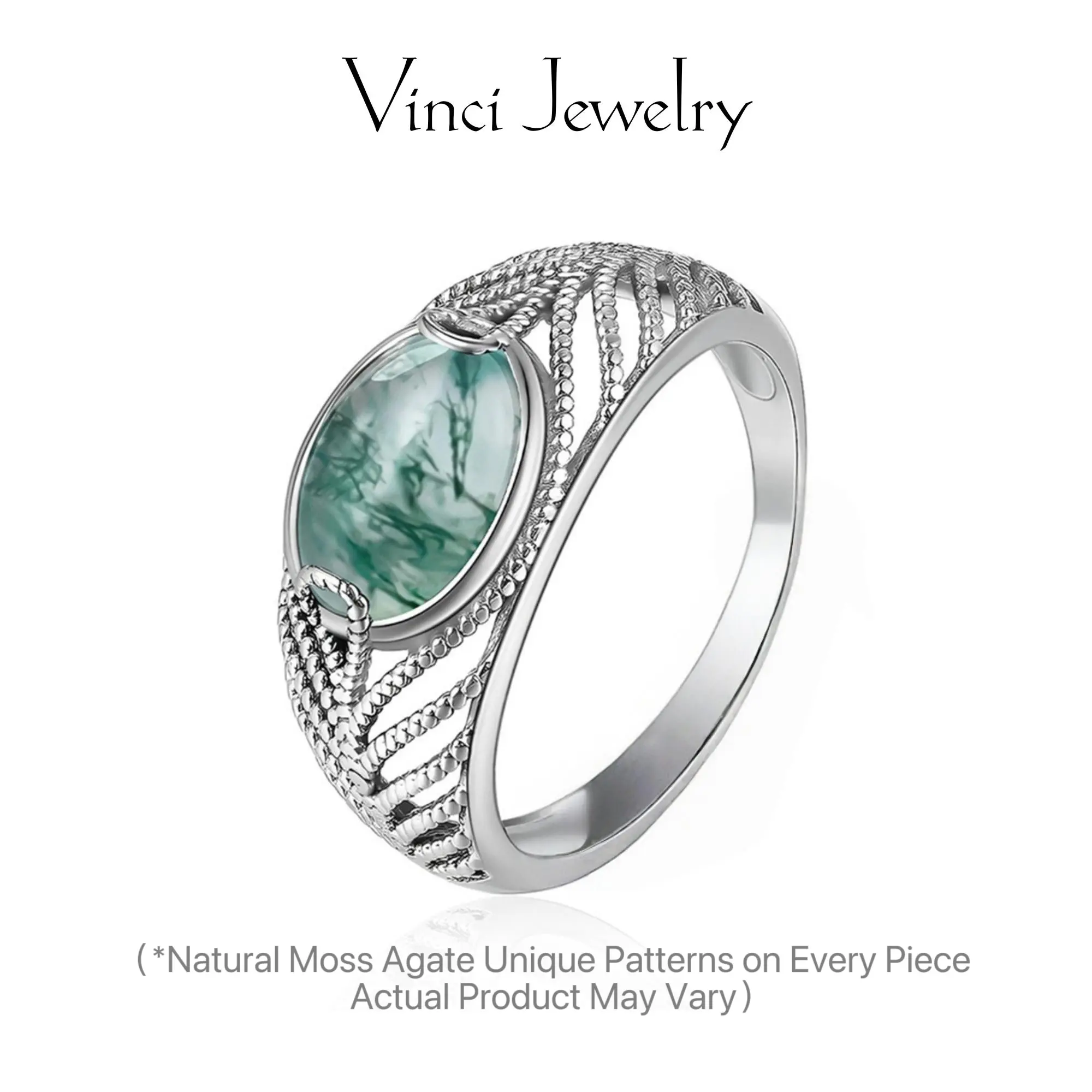 925 Natural Moss Agate Ring with Hollow-out Design, Elegant and Stylish Ring Jewelry for Women, Luxurious Jewelry Perfect Gift for Lover, Birthday Christmas Gift Teardrop Bridal Rings Solitaire Engagement Rings