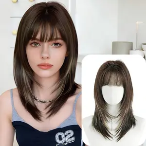Lotfon Ladies' non adhesive synthetic wig, Brown with white highlights medium to long straight hair, adjustable head circumference, lightweight and breathable, natural and realistic, easy to wear, suitable for daily wear and role-playing