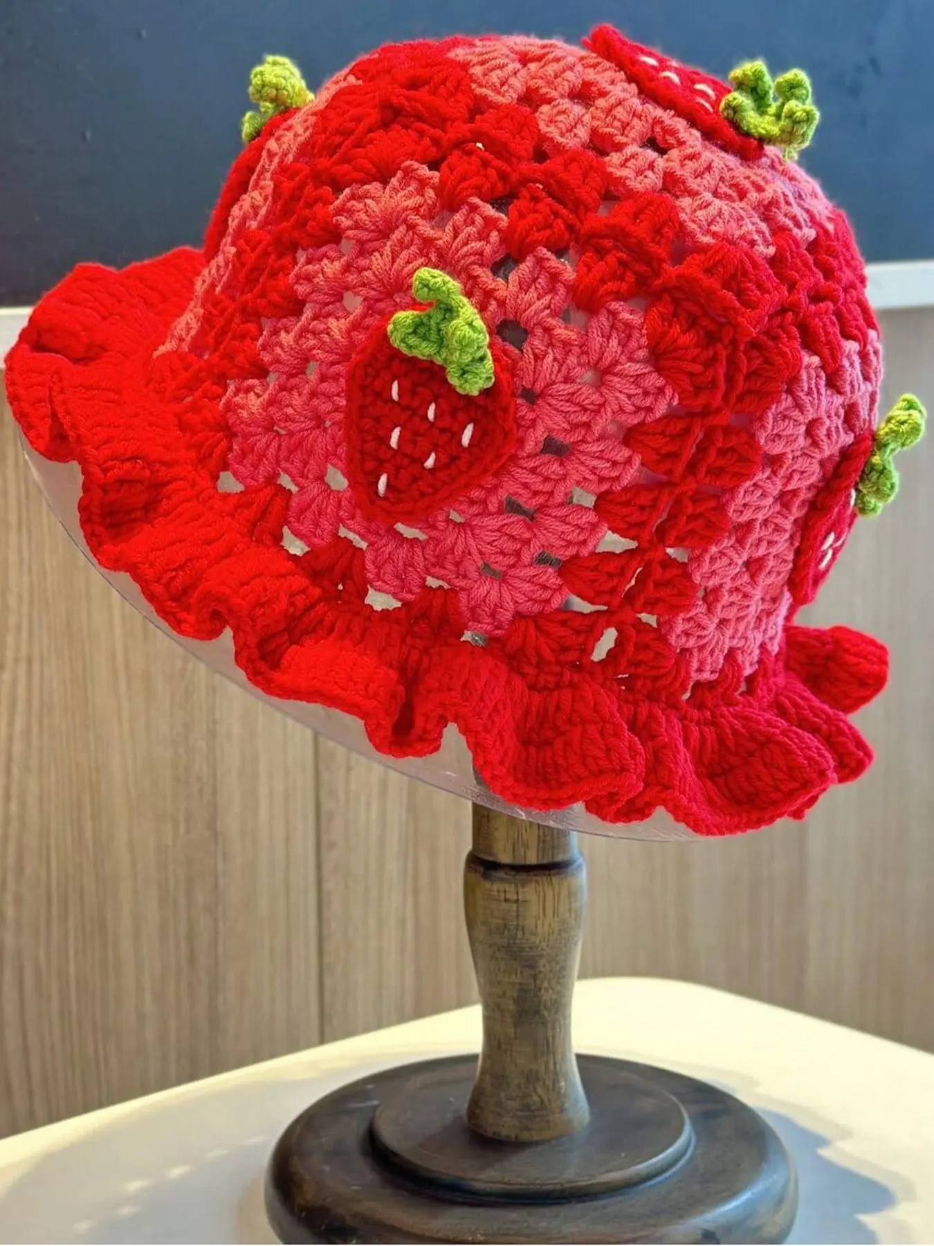 Women's Handmade Crochet Strawberry Pattern Fisherman Hat, Autumn Winter Warm Cute Knitted Beanie, Fashion Hollow Out Ruffle Cap, Handcrafted Cap, Knit Hats, Cozy Beanie