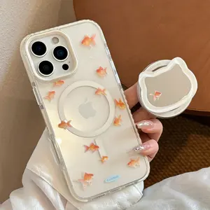 Korean Goldfish 3D Cat Kitty Mirror Stand Holder Magsafe Magnetic Phone Case For iPhone 16 15 14 13 12 Pro Max Shockproof Cover