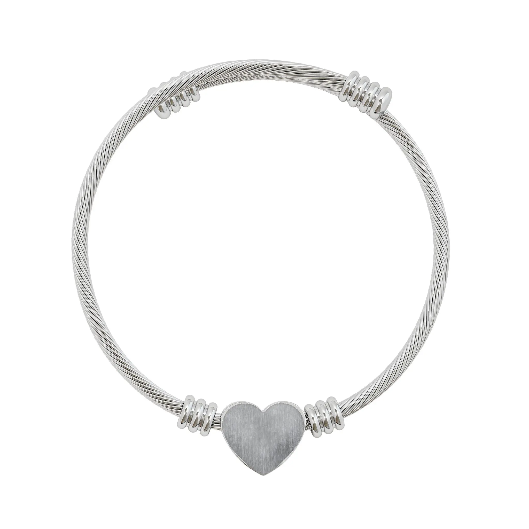 Twisted Cable Cuff Bracelet for Women in Stainless Steel with Personalized Engraved Heart Charm, Hypoallergenic & Adjustable for Daily Wear, Adjustable Size, Brushed Heart, Everyday Use, Unisex Wear, Smooth Against Skin, Pull On, Engravable Heart