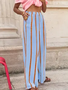 Women's Striped Straight Leg Pants, Casual Chic Trousers, Elastic Waist Pocket Design, Office Business Casual Travel Wear, Spring Summer New Arrival