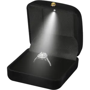 Wedding Ring  Box with LED Light, Small  Earring Studs Holder Case for Wedding Day, Proposal, Engagement, Anniversary, Ring Display Storage Box for Women Girl (Black)