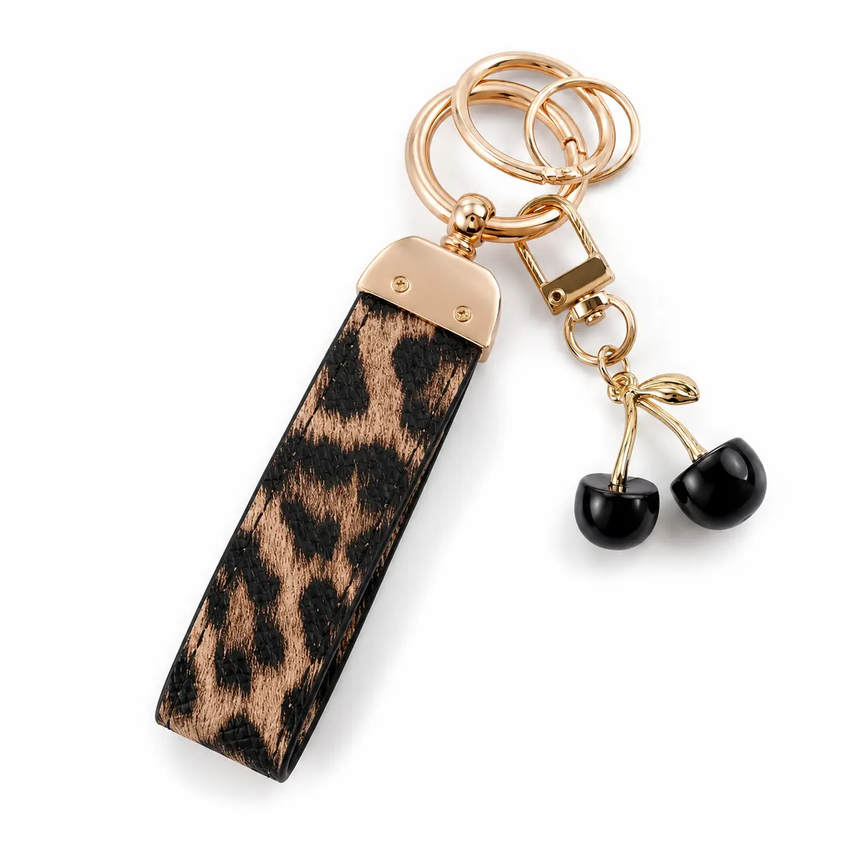 B Leopard Cherry Keychain Wristlet for Women, Leather Key Fob Holder with Gold Keyrings, Cute Purse Bag Charm, Car Keychain, Backpack Accessory, Coquette Gift for Her, Mom, Girlfriend, Summer Everyday Essentials