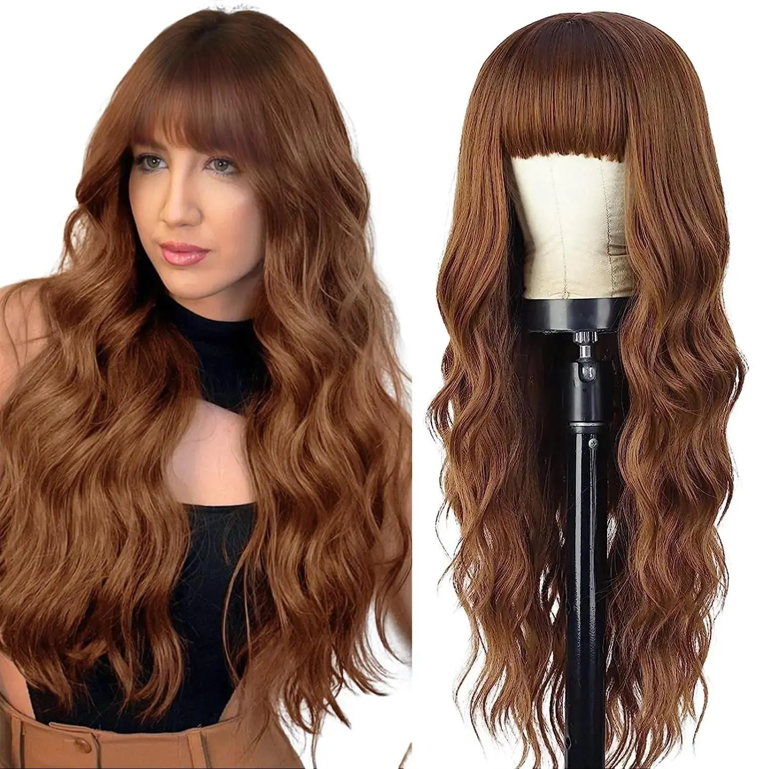 AISI HAIR Auburn Wig with Bangs Long Wavy Ginger Wig Natural Looking Heat Resistant Synthetic Curly Full Wigs for beginners Women Daily Use Highlight Brown Wig