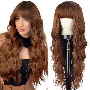 AISI HAIR Auburn Wig with Bangs Long Wavy Ginger Wig Natural Looking Heat Resistant Synthetic Curly Full Wigs for beginners Women Daily Use Highlight Brown Wig