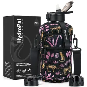 HydroPal 2.2L Water Bottle with 2 Lids - Straw & Chug Lid, Storage Sleeve & Carry Strap - BPA-Free Large Sports Water Jug for Gym, Hiking & Workouts