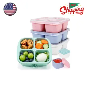 4 Pack Bento Snack Lunch Boxes Containers for Kids & Adults, 4-Compartment (Multicolor & Clear Lids)