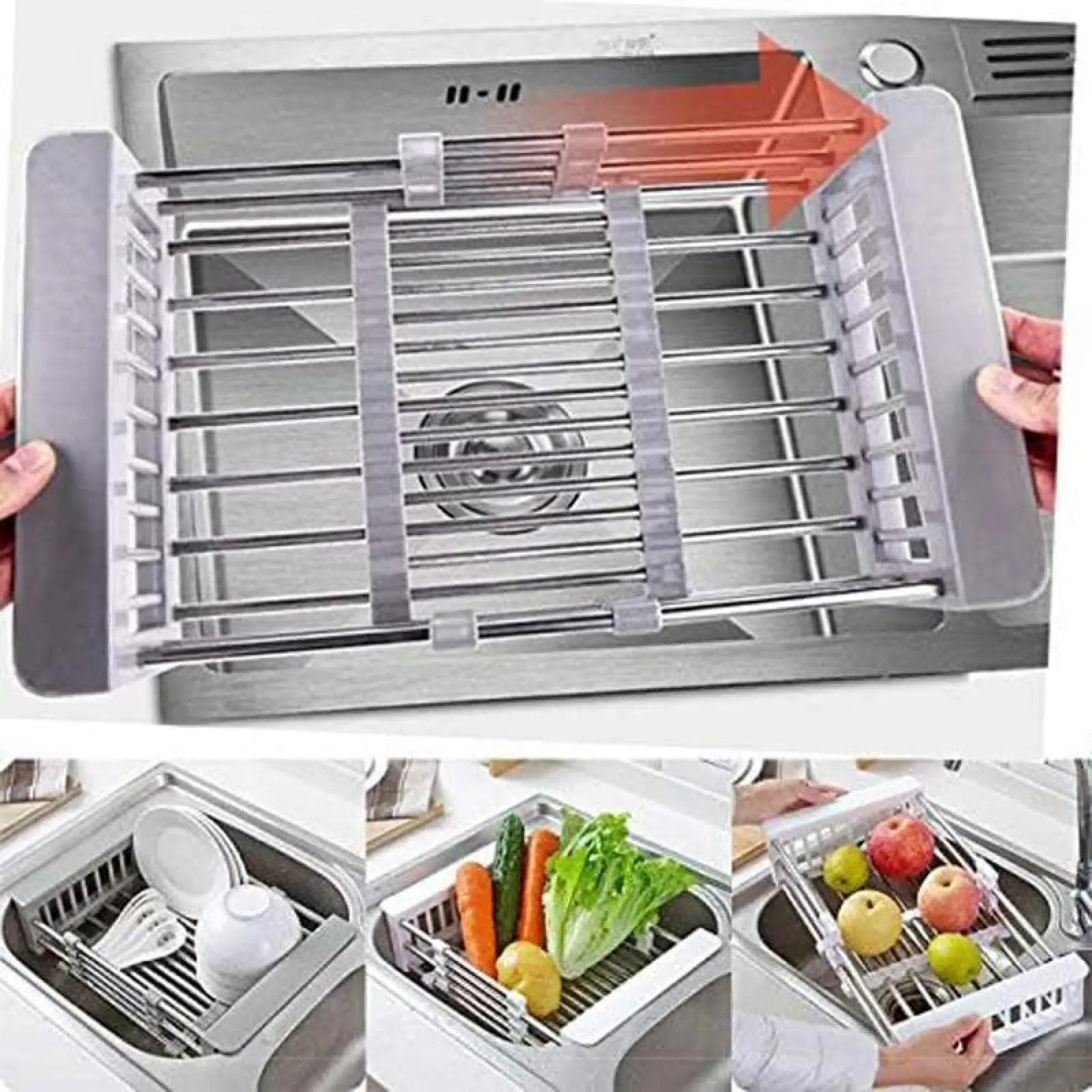 Stretchable Stainless Steel Over-Sink Draining Organiser with Extendable Brackets, Multi-Purpose Water Filter Tray for Tableware & Fruit Kitchen Storage