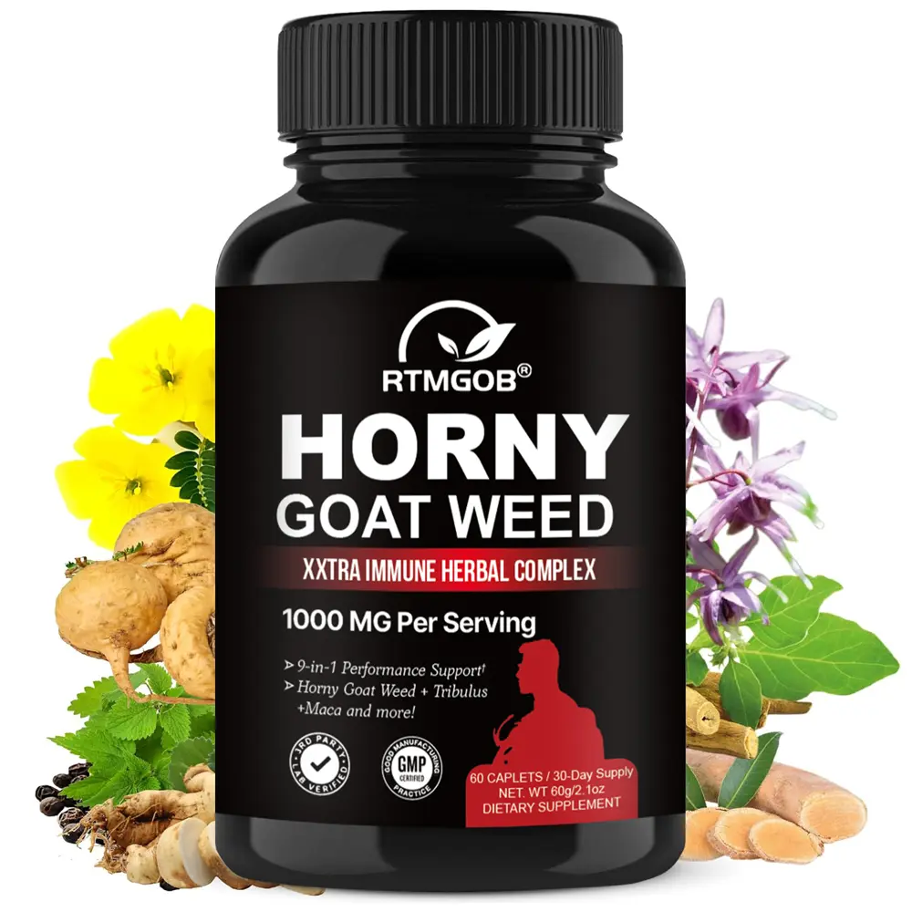 RTMGOB Horny Goat Weed Capsules for Men, 1000mg Extra Strength Complex with Maca Root, Tongkat Ali, Tribulus, Saw Palmetto, L-Arginine & Panax Ginseng, Men's Herbal Supplement for Energy & Stamina Support, 60 Capsules