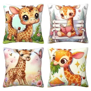 4pcs Set, Sofa Pillowcase, Cute Giraffe Pillowcase, Home Decoration, Sofa Lumbar Cover, Double-Sided Printing, Without Pillow Core