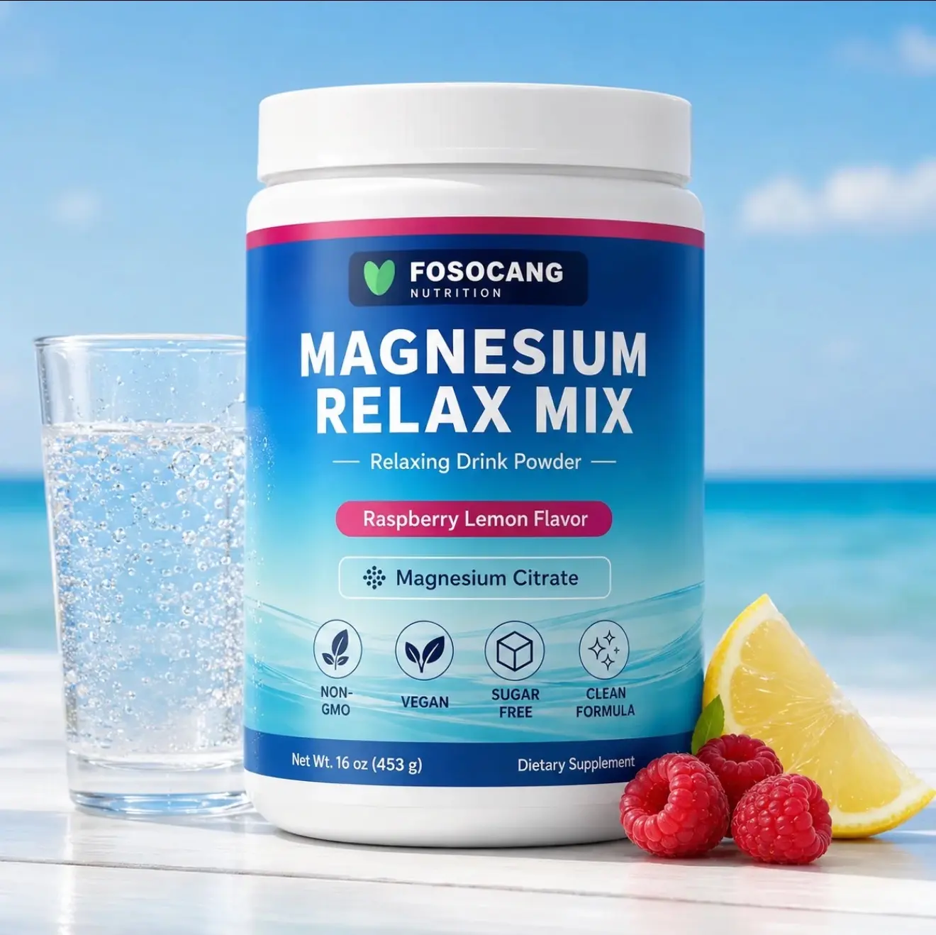 FoSoCang Relaxing Anti-Stress Ionic Magnesium Citrate + Glycinate Drink Mix - Raspberry-Lemon Flavo