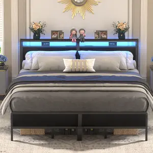 Cyclysio King/Queen/Full Size Bed Frame with Charging Station &LED Lights, Industrial Metal Platform Bed with Storage Headboard, Steel Slat Support bed frame
