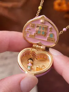 1pc Pink Heart Locket Necklace, Openable Box Pendant Cute Gift Jewelry for Women Girls