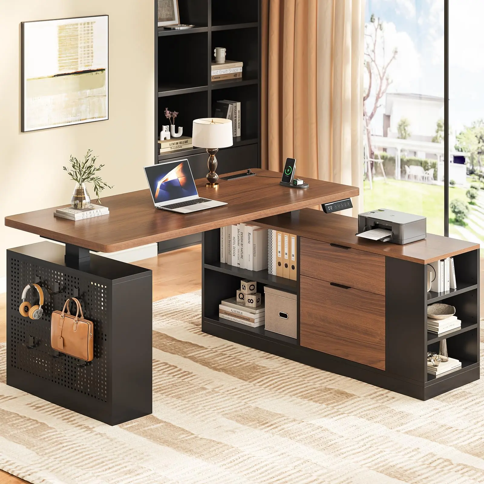 53" Electric Standing Desk with Drawers & Power Outlets, Electric Height Adjustable Executive Desk with File Drawers & Storage Shelves, Sit Stand Corner Computer Desk with Pegboard, 6 Hooks, Home Office Desk, Black & Walnut