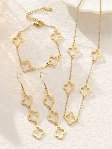 3 Pcs 14K Gold Plated Hollow Clover Jewelry Set for Women - Dainty Minimalist Four Leaf Clover Necklace, Bracelet & Drop Earrings Lucky Layering Jewelry Gift Pack