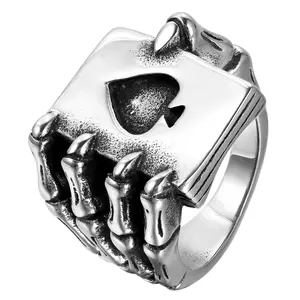 OIDEA Skull Ring for Men Stainless Steel Gothic Skeleton Hand Poker Card Biker Punk Heavy Metal Silver Halloween Birthday Anniversary Gift, Men's Accessories, Goth Rings