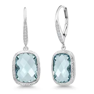 Gem Stone King 4.60 Cttw Gemstone Birthstone and White Lab Grown Diamond Drop Dangle Leverback Earrings For Women In 925 Sterling Silver | Cushion Checkerboard Cut 13X9MM